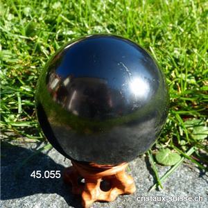 Boule Schungite, diamètre 8,2 cm. Support bois offert.