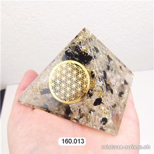 Pyramide Orgonite 7 cm,  Cristal de Roche - Tourmaline noire - Fleur de Vie