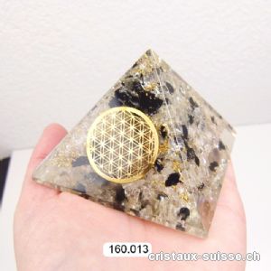 Pyramide Orgonite 7 cm,  Cristal de Roche - Tourmaline noire - Fleur de Vie