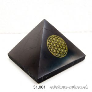 Pyramide Schungite, base 5 cm avec Fleur de Vie dorée