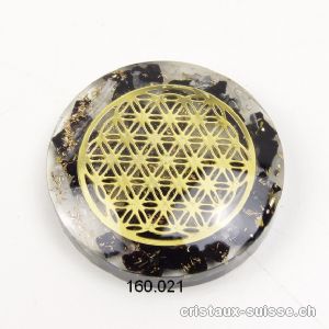 écu Orgonite Fleur de Vie, Sélénite et Tourmaline noire 4 cm