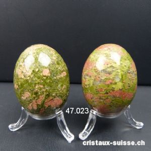 Oeuf Unakite- épidote 5 x 3,8 cm, avec support plexiglas