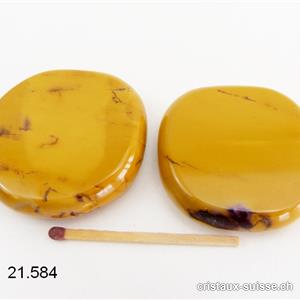 Mookaïte jaune moutarde tachetée, env. 4,5 x épais 1 cm. Taille XXL