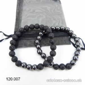 2 Bracelets Hématite et Lave 8 mm/19,5 - 20 cm. COURAGE et FORCE. Offre Spéciale