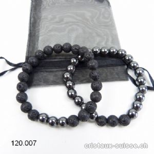 2 Bracelets Hématite et Lave 7,5-8,5 mm/19,5-20 cm. COURAGE et FORCE. Offre Spéciale