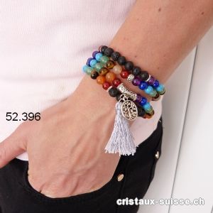 Bracelet  7 Chakras et Lave, Mala élastique. Avec Pompon et Arbre de Vie