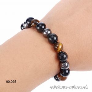 Bracelet Oeil de Tigre-Hématite-Obsidienne 10 mm/19-19,5 cm