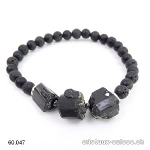 Bracelet Tourmaline noire, Onyx mat, Lave 6 mm / 19,5 cm