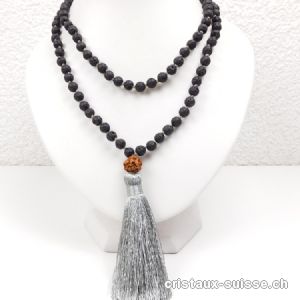 Collier Lave - Mala noué 108 perles / 80 cm, avec Rudraksha et Pompon argenté