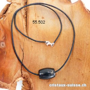 Schungite cylindre percé avec collier en cuir 45 cm, fermoir en argent.