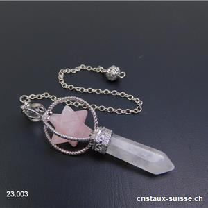 Pendule Cristal de Roche et Merkaba Quartz rose, env. 6,5 cm. OFFRE SPECIALE