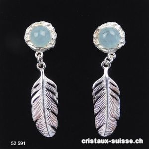 Boucles d'oreilles Aigue-Marine et PLUME en argent 925. Qualité A 