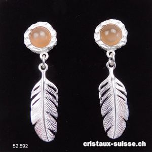 Boucles d'oreilles Pierre de Lune chocolat et PLUME en argent 925. Qualité A