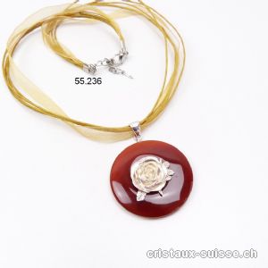 Collier donut Cornaline foncée 4 cm avec Suspend ROSE argent 925 Pièce unique