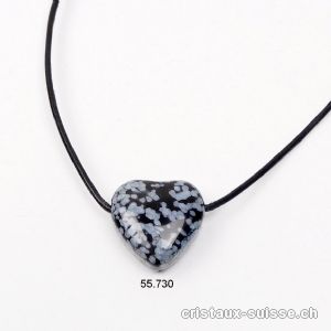 Obsidienne Flocons de Neige, coeur percé 2 cm avec cordon cuir à nouer