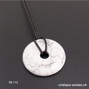 Collier donut Magnésite - howlite blanche 4 cm avec cordon cuir noir à nouer