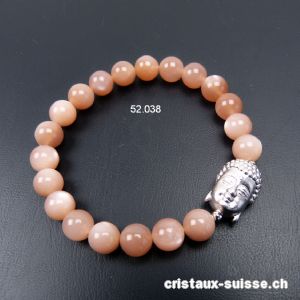 Bracelet Pierre de Lune orange AA 8 mm et BOUDDHA  argent 925, 18 - 18,5 cm. Taille M