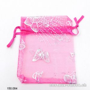 Sachet organza Rose Fuchsia et papillons argent. Env. 8 x 7 cm