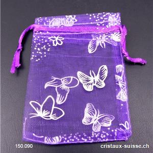 Sachet en organza violet et papillons argent, env. 6,5 - 7 x 8,5 cm