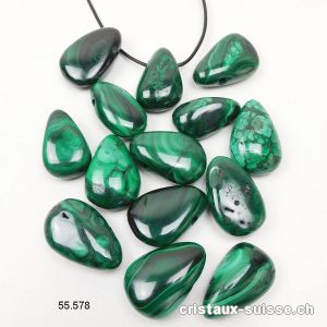 Malachite 3 cm percée avec cordon cuir à nouer. Qual. AB. OFFRE SPECIALE