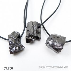 Schungite noble - Cristal brut 2,2 à 2,8 cm, percé avec cordon en cuir à nouer