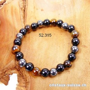 Bracelet Oeil de Tigre - Hématite - Obsidienne 8 mm / 21,5 cm. Taille L