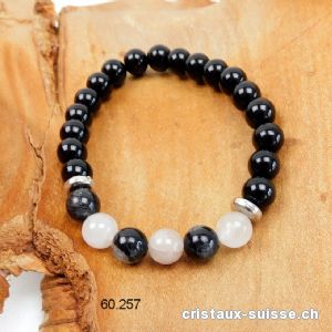 Bracelet Tourmaline-quartz et Agate noire 8 mm, élastique 19 cm