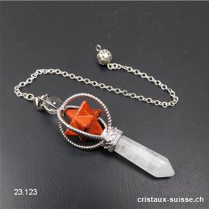Pendule Cristal de Roche et Merkaba Jaspe rouge, env. 6,5 cm. OFFRE SPECIALE