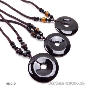 Collier Donut Onyx noir 4 cm, avec cordon tissu brun foncé