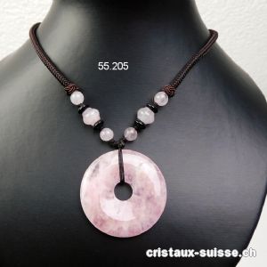 Collier Donut Quartz rose 4 cm avec cordon tissu brun foncé. OFFRE SPÉCIALE 