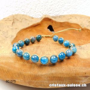 Bracelet Apatite bleue 8 mm et cordon satin doré réglable