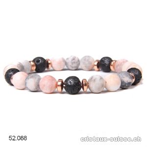 Bracelet Marbre zébré rose et gris MAT avec Lave 8 mm / 19 cm