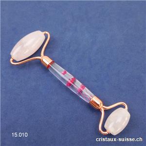 Rouleau de massage Quartz rose clair avec décor fleurs 14,5 cm