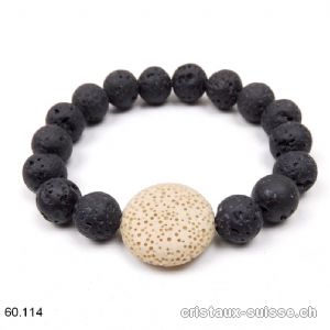 Bracelet Lave noire et beige 10 mm, élastique 17,5 - 18 cm. Taille SM