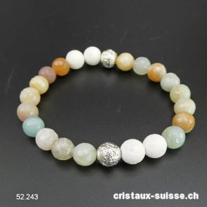 Bracelet Amazonite multicolore facettée et Lave blanche 8 mm, élastique 19 cm. OFFRE SPECIALE