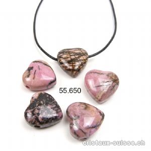 Rhodonite coeur percé 2 cm, avec cordon en cuir à nouer