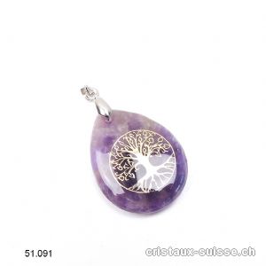 Pendentif Améthyste goutte avec Arbre de Vie 3 x 2,5 cm