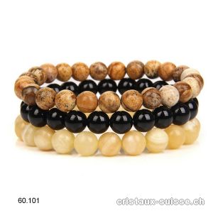 3 Bracelets Calcite jaune - Onyx noir - Jaspe Paysage 8 mm / 21 cm