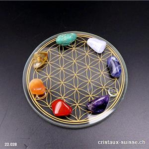 Kit Chakras avec 7 cristaux et plateau en verre Fleur de Vie 9 cm