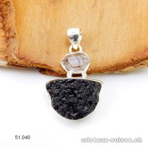 Pendentif Tectite et Diamant Herkimer en argent 925. Pièce unique