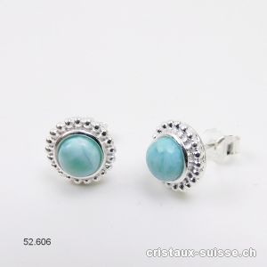 Clous d'oreilles Larimar cabochons 10 mm en argent 925