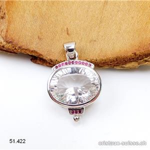 Pendentif Cristal de Roche ovale et Rubis en argent 925 rhodié