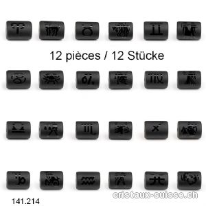 12 x Obsidienne noire Tubes 14 x 10 mm percés, 12 signes astrologiques