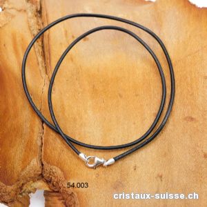 Collier cuir noir / fermoir argent 925. L. 70 cm