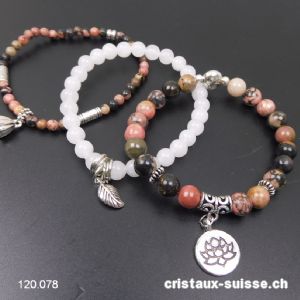 3 bracelets APAISEMENT, Rhodonite et Jade blanc. Offre Spéciale