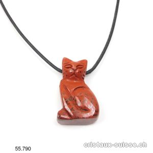 Jaspe rouge brèché, CHAT percé 3 cm avec cordon cuir à nouer