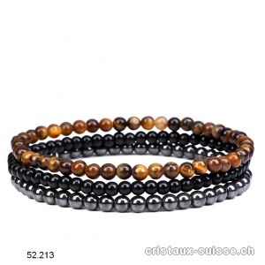 3 bracelets ENRACINEMENT et PROTECTION, Oeil de Tigre, Onyx, Hématite. Offre Spéciale