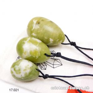 Lot 3 Oeufs YONI Jade Serpentine vert-blanc, Percés. Offre Spéciale