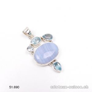 Pendentif Calcédoine bleue rubanée, Topaze bleue en argent 925. Pièce unique