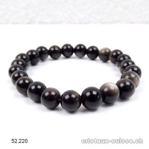 Bracelet Obsidienne argentée 8 mm, élastique 18,5 - 18 cm. Taille M